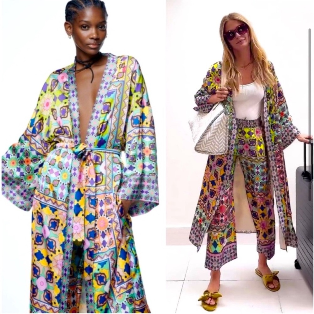 New ZARA satin kimono robe multicolor - Picture 9 of 17